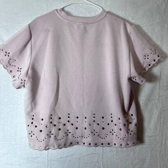 Elie Tahari Eyelet Scallop Hem Blouse Pink Short Sleeve Top Size XL - Picture 2 of 6